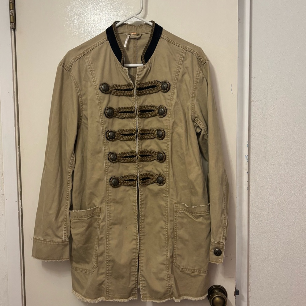 Tan Military Style Jacket with Black Trim